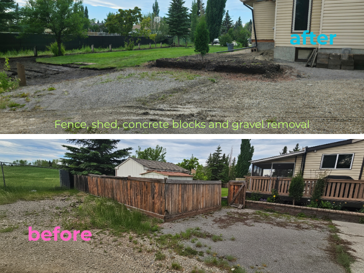 Fence, shed, concrete blocks, and gravel demolition and disposal.
