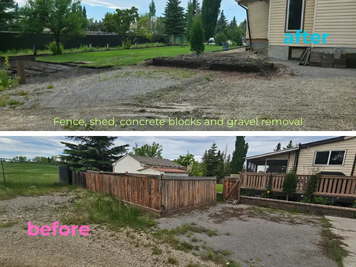 Fence, shed, concrete blocks, and gravel demolition and disposal.