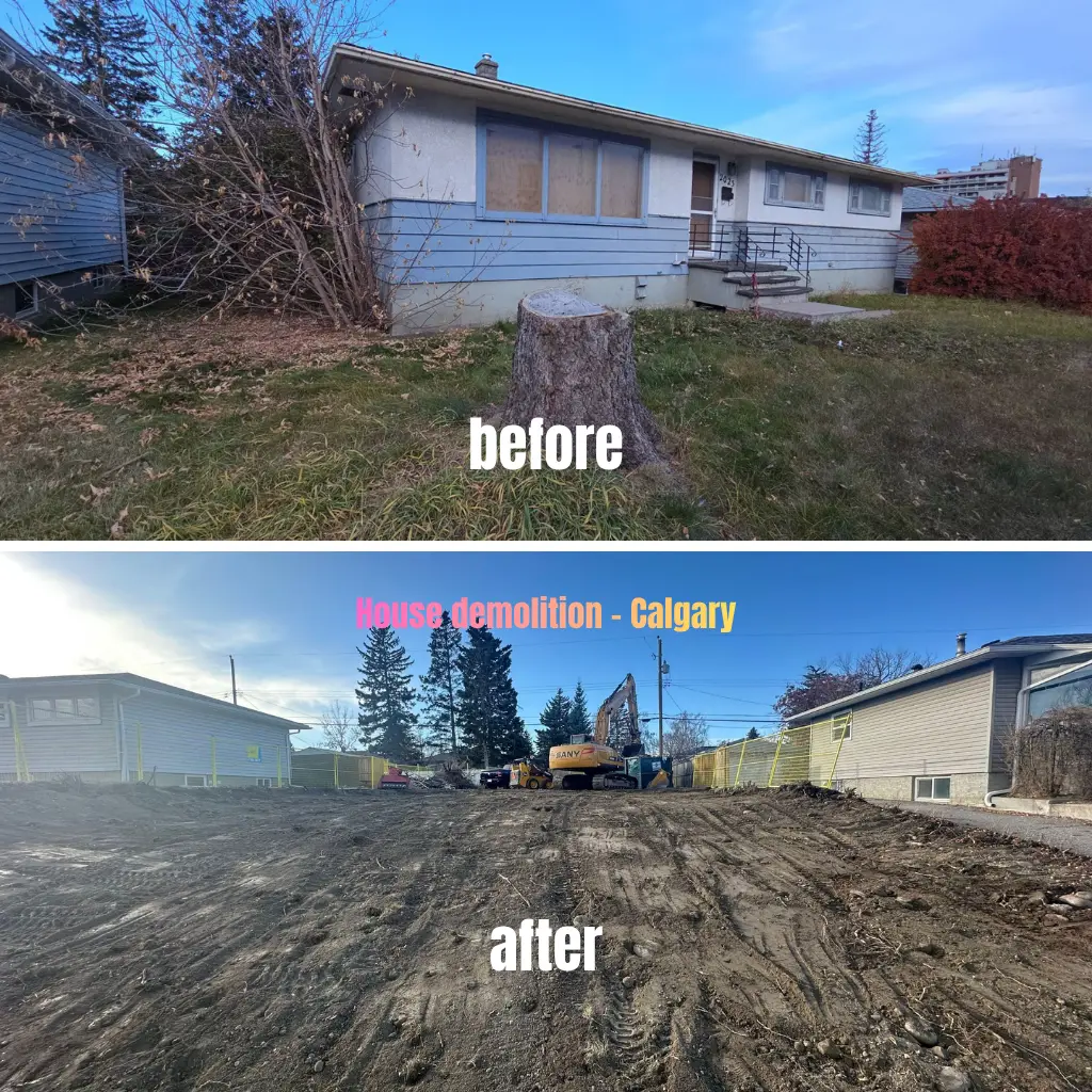 Besa Demolition residential house demolition and backfill project in Calgary, before and after.